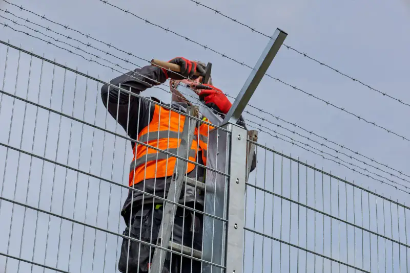 Montage eines Sicherheitszauns waehrend der Bauphase